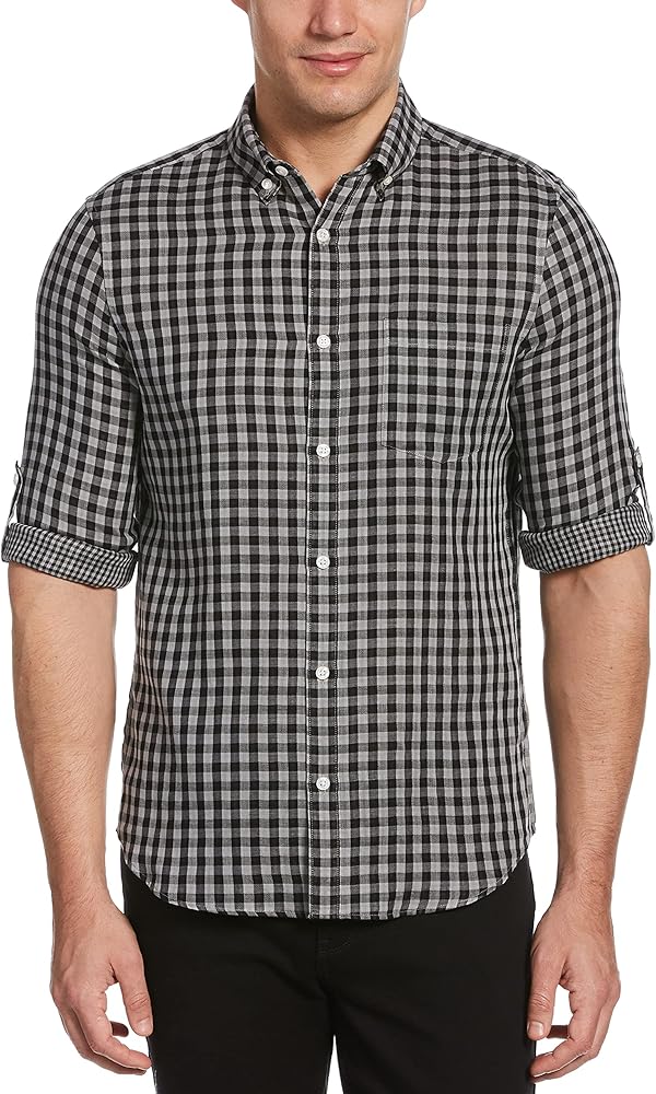 Perry Ellis Men's Untucked Roll Sleeve Gingham Check Shirt