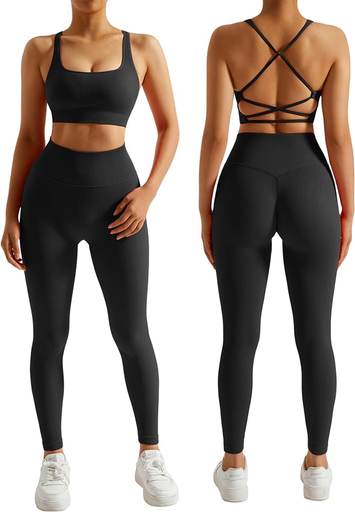 RXRXCOCO Ribbed Workout Sets for Women 2 Piece Backless Strappy Sports Bra Seamless Leggings Matching Set Yoga Outfits