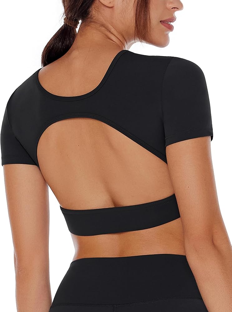 Open Back Workout Crop Tops for Women Backless Yoga Shirts Gym Short Sleeve Mild Support Compression Tee with Bra