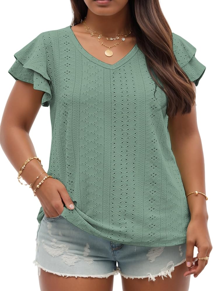 VISLILY Womens-Plus-Size-Summer-Tops Ruffle Short Sleeve T Shirts Trendy V Neck Tunics Casual Loose Eyelet Blouses Tee XL-5XL