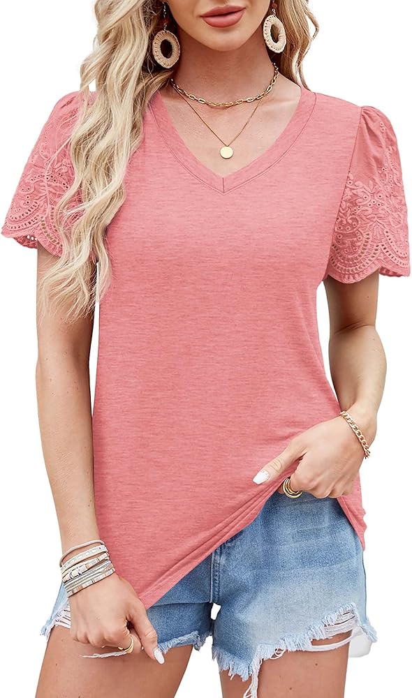 XIEERDUO Lace Puff Sleeve Tops for Women 2024 V Neck Shirts Womens Shirts Dressy Casual Loose Tops Summer Tee Shirt