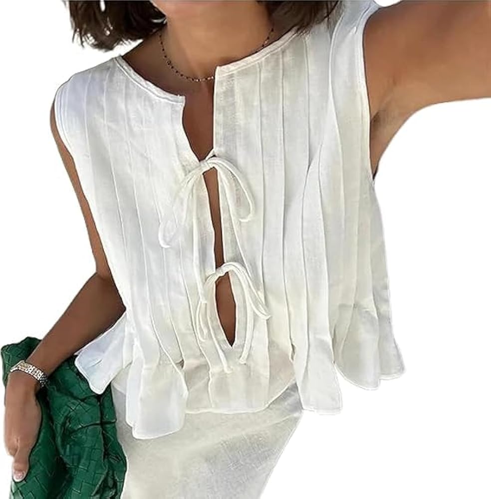 Women Summer Linen Tank Tops Coquette Bow Tie Front Top Shirt Vest Babydoll Ruffle Tops Cute Shirts Aesthetic Clothes