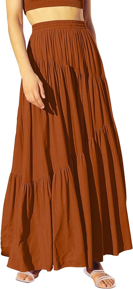 ANRABESS Women’s Boho Elastic High Waist Pleated A-Line Flowy Swing Asymmetric Tiered Maxi Long Skirt Dress with Pockets