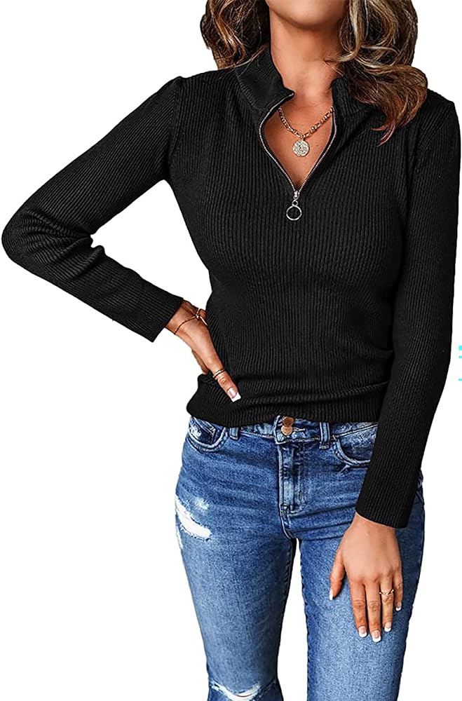 PRETTYGARDEN Fall Quarter Zip Pullover Sweaters for Women 2024 Long Sleeve Collared Fitted Ribbed Knit Tops