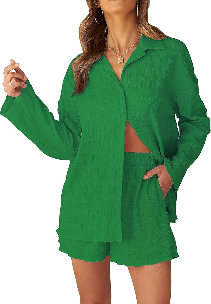 MEROKEETY Women's 2 Piece Outfits Long Sleeve Button Down Textured Shirt and Shorts Lounge Sets