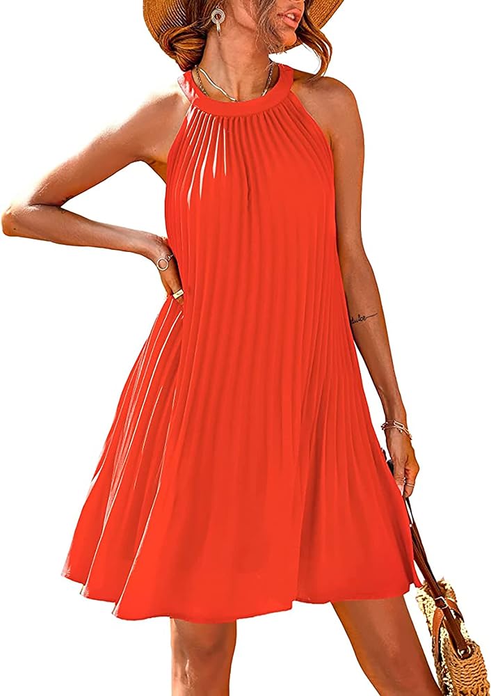 PRETTYGARDEN Womens Summer Dresses 2024 Cute Halter Neck Sleeveless Mini Dress Solid Color Flowy Pleated Beach Dress Sundress