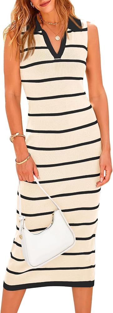 PRETTYGARDEN Women's Summer Dresses 2024 Collar V Neck Sleeveless Midi Dress Causal Stripes Ribbed Knit Bodycon Dresses