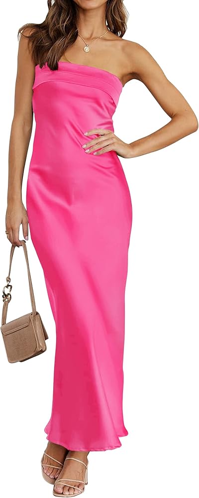 ZESICA Women's 2024 Summer Satin Strapless Dress Sexy Backless Bodycon Wedding Cocktail Party Maxi Dresses