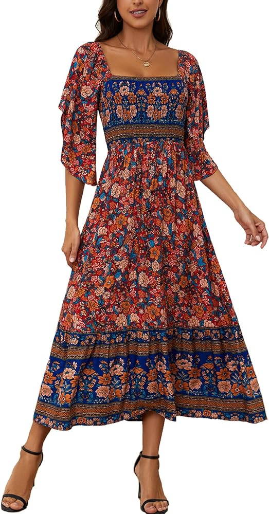 Women's Long Maxi Dress Sexy Off Shoulder Floral Dress Ruffle Short Sleeve Smocked Flowy A Line Boho Dress