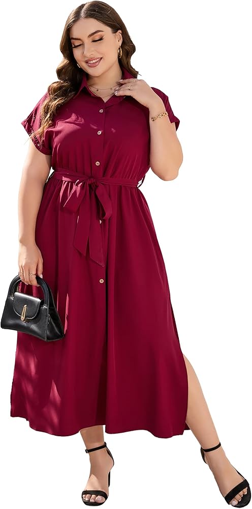 KOJOOIN Plus Size Maxi Dresses for Women Summer Tie Belt Work Polo Dress Business Casual Button Down Dress