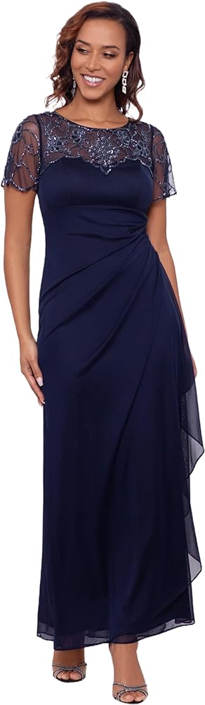 Xscape Women's Long Beaded Sequin Illusion Neckline Jersey Dress (Reg and Petite)