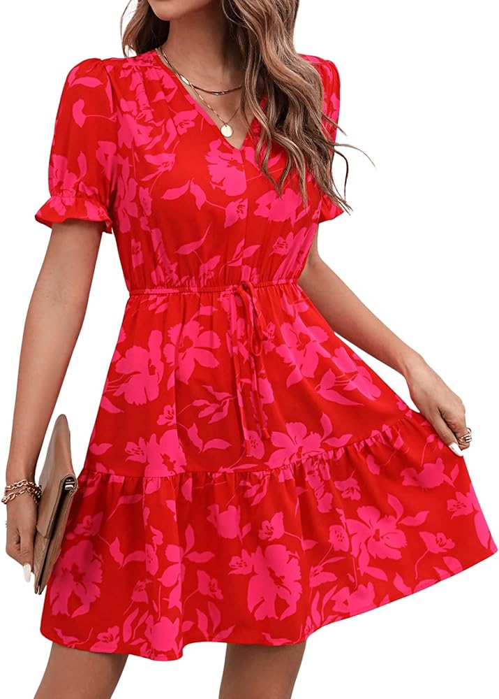 SweatyRocks Women's Floral Print V Neck Dress Short Puff Sleeve Tie Front Ruffle Hem Flare Short Dress