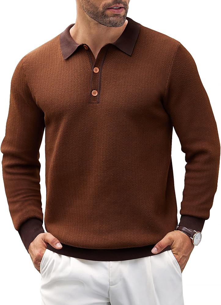 COOFANDY Mens Knit Polo Shirts Casual Long Sleeve Classic Polo Shirts Button Down Golf Shirts