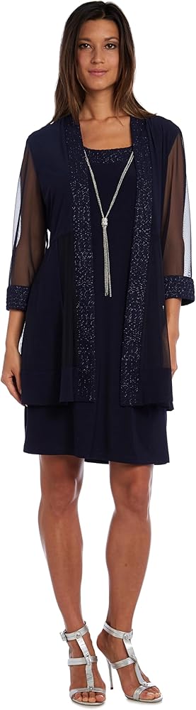 R&M Richards Women's Sparkly Shift Jacket Dress W/Sheer Inserts and Attached Necklace, Navy