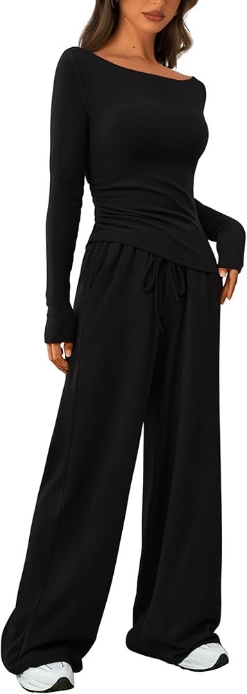 PRETTYGARDEN Women's 2 Piece Lounge Sets Asymmetrical Long Sleeve T Shirt Wide Leg Pants Casual Outfits Tracksuit