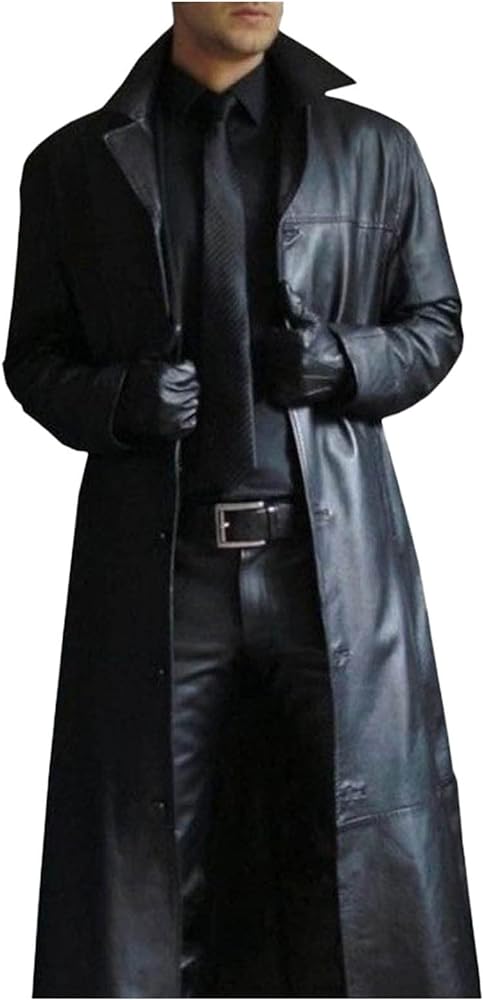 Mens Retro Black Leather Jacket Long Steampunk Overcoat German Leather Coat WW2 Military Officer Uniform Trench Coat