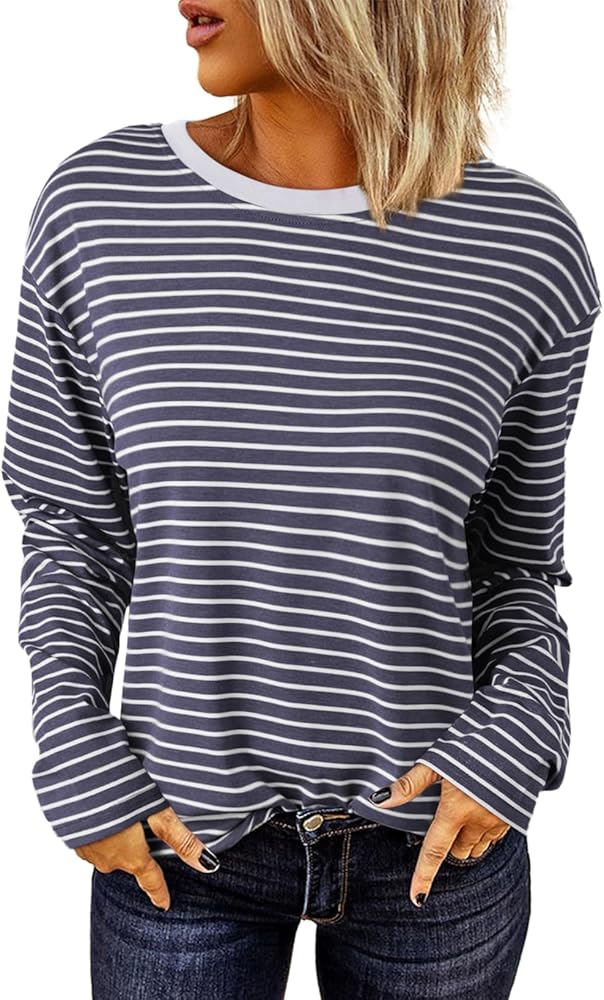 Dokotoo Women's Casual Striped Long Sleeve Tops Crew Neck Knit Ribbed Basic T Shirts