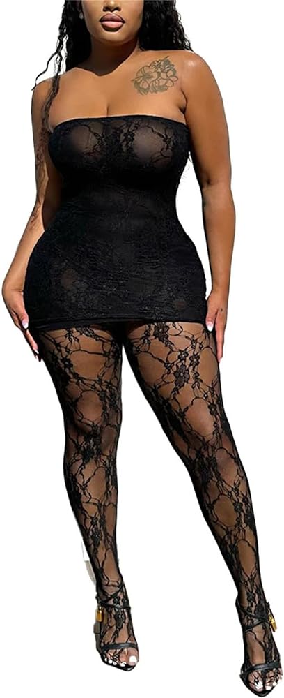 Women Sexy 2 Piece Outfits Date Night Clubwear Strapless Lace Dress Mesh Top Leggings Set