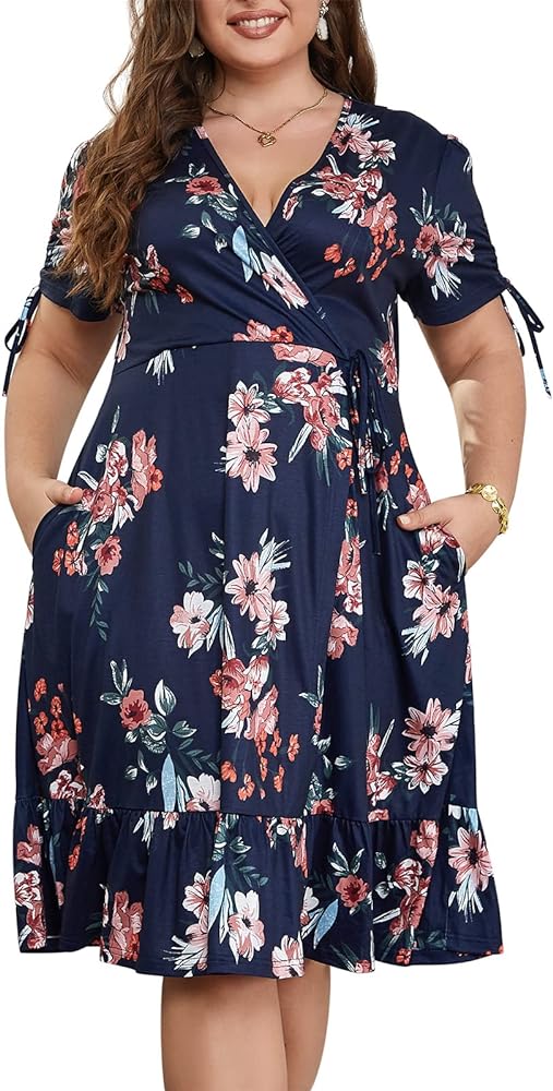 Keluummi Plus Size Wedding Guest Dresses for Curvy Women, Summer Casual Midi Dress with Pocket and Empire Waist