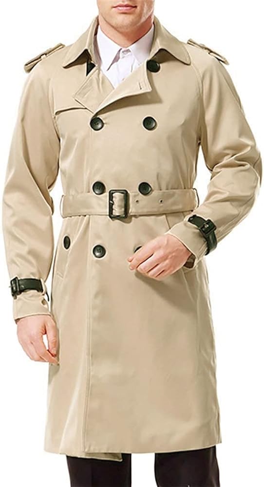 AOWOFS Men's Double Breasted Trench Coat Stylish Slim Fit Mid Long Belted Windbreaker