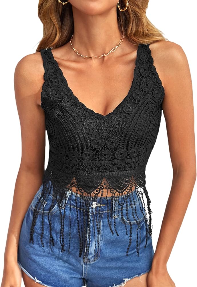 Verdusa Women's Guipure Lace Fringe Hem V Neck Sleeveless Crop Tank Top