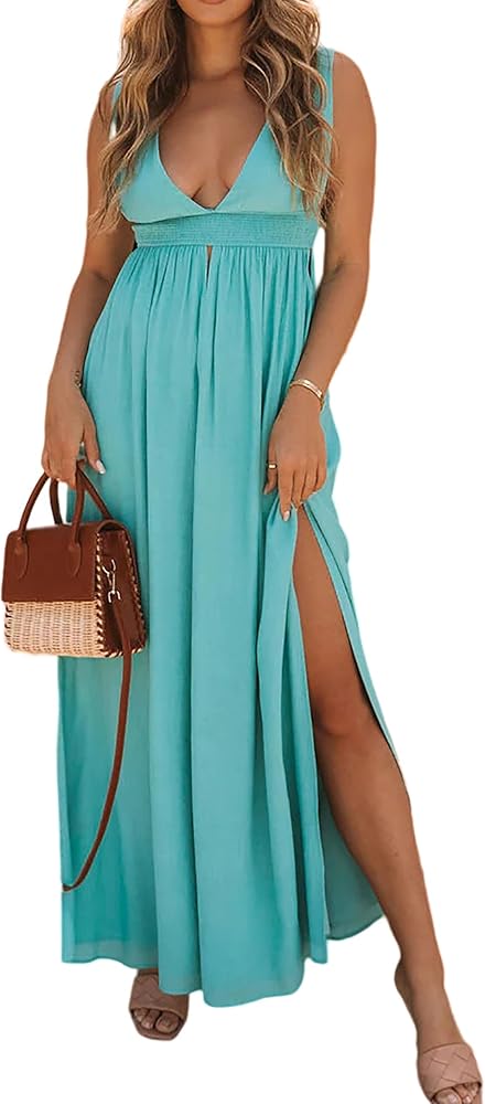 R.Vivimos Boho Dress for Women Sexy Deep V Neck Sleeveless Hollow Out Backless Casual Side Slit Maxi Dress