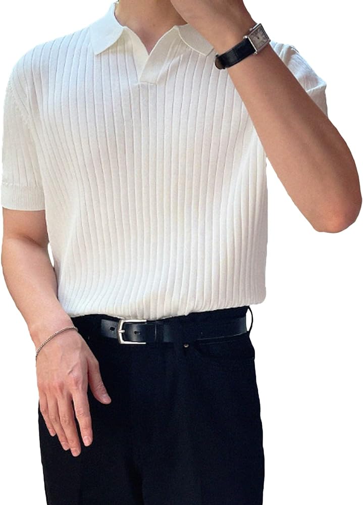 COZYEASE Men's Ribbed Knit Top V Neck Short Sleeve T Shirt Casual Plain Solid Tees Top Shirt