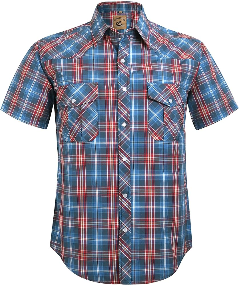 Men's Western Cowboy Pearl Snap Button Shirts Plaid Solid Short Sleeve Pocket Shirt