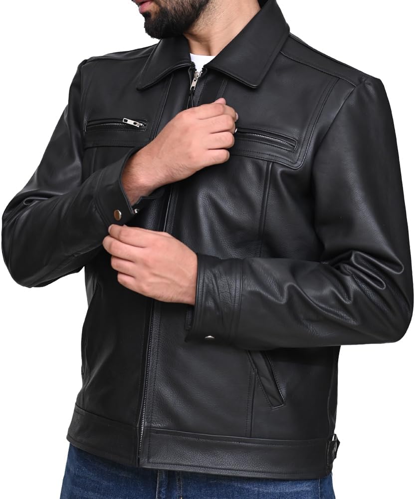 Black Genuine Cowhide Casual Leather Jacket for Men | Classic Style Jacket with a Clean Subtle Look