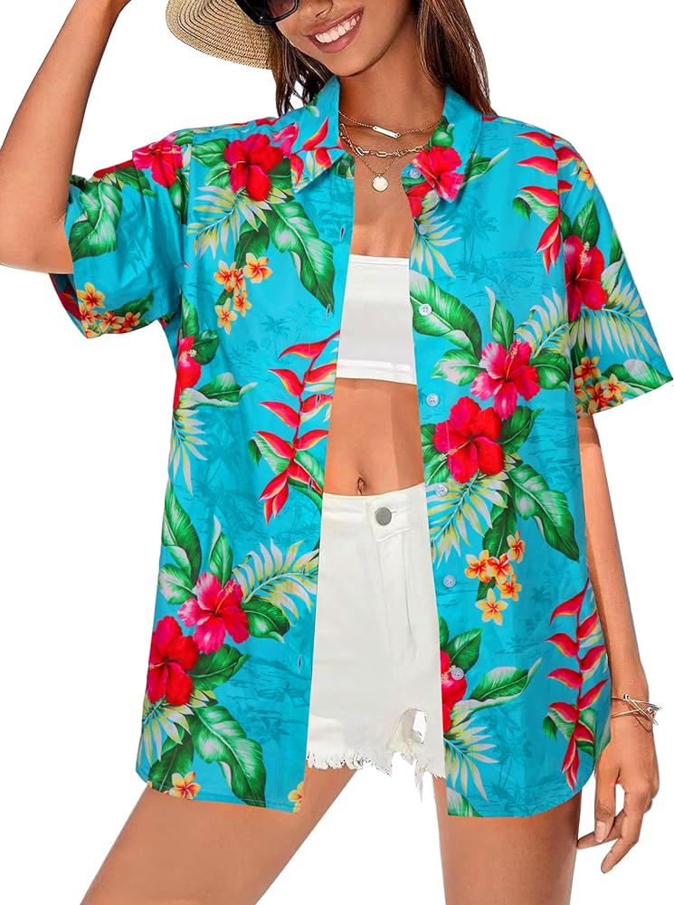 Women Hawaiian Shirt Floral Tropic Print Tee Hawaii Button Down Tshirt Beach T Shirt Summer Short Sleeve Tops