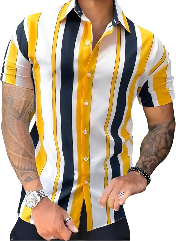 GORGLITTER Men's Hawaiian Striped Short Sleeve Shirt Button Down Collar Neck Summer Shirts