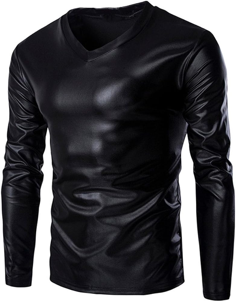 Mens Shirts Tunic Tops Metallic Shiny Wet Look T-Shirt Patent Leather Hip Hop Nightclub Party Blouse