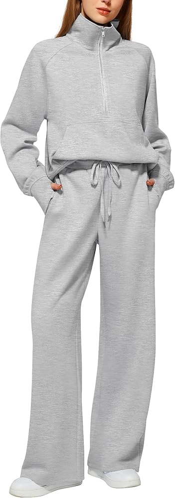 Women's 2 Piece Outfits Lounge Set 2024 Oversized Half Zip Sweatshirt Wide Leg Sweatpant Set Sweatsuit Tracksuit