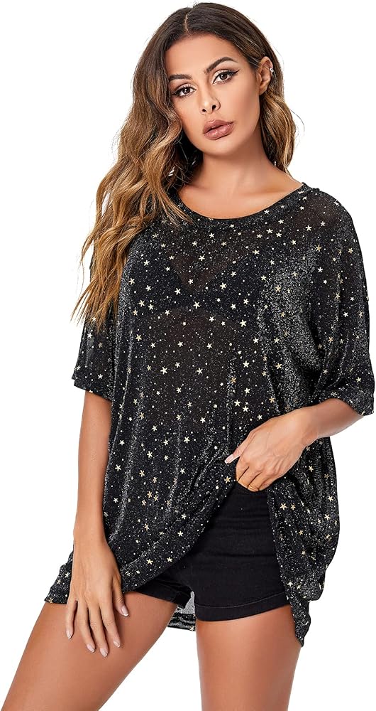 WDIRARA Women's Glitter Sheer See Through Short Sleeve Mesh Top Tee Blouse