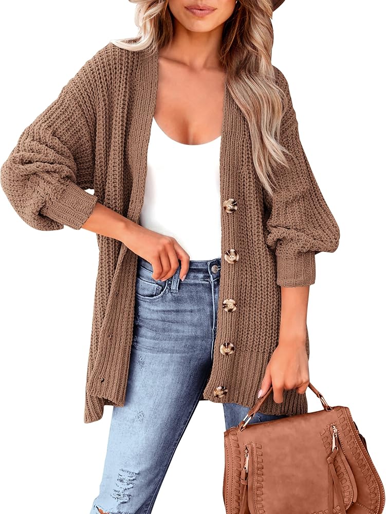 MASCOMODA Women's Long Sleeve Oversized Cable Knit Sweater Cardigan 2024 Fall Open Front Button Down Chunky Knit Outwear Coat