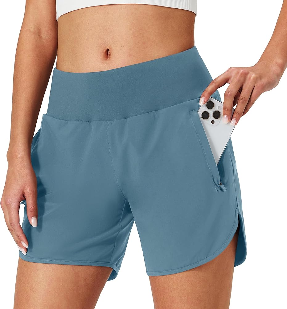 Womens Running Shorts Zipper Pockets High Waisted Quick Dry Athletic Workout Shorts with Liner