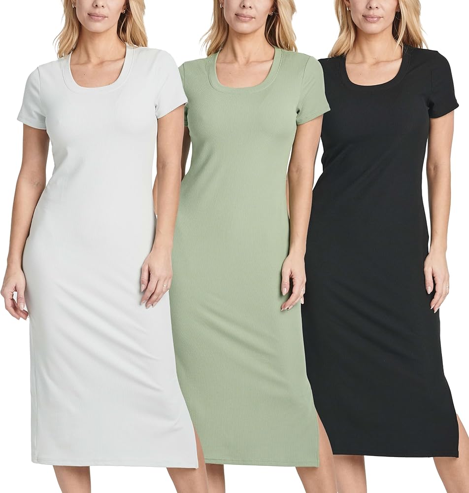 Real Essentials 3 Pack: Women's Ribbed Jersey Crew Neck Short Sleeve Midi Length Dress with Side Slit