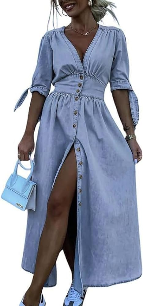 utcoco Womens Casual Button Down Maxi Denim Dress V-Neck Tie Half Sleeve Long Denim Dresses for Women 2024