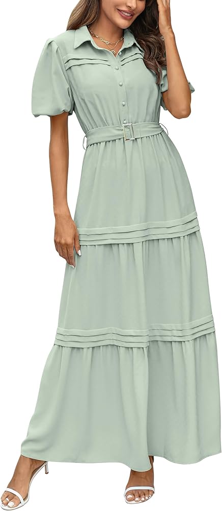 PRETTYGARDEN Women's Summer Maxi Dress Puff Short Sleeve Lapel V Neck Tiered A Line Flowy Elegant Party Dresses with Belt