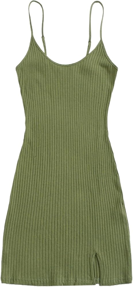 Floerns Women's Casual Solid Sleeveless Cami Split Hem Ribbed Knit Bodycon Mini Dress