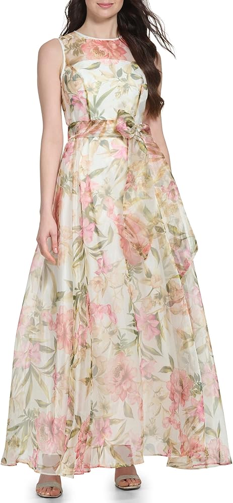 Eliza J Women's Gown Style Floral Organza Sleeveless Jewel Neck Dress