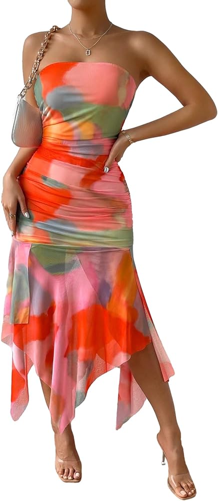 Floerns Women's Tie Dye Strapless Asymmetrical Hem Tube Bodycon Midi Dress