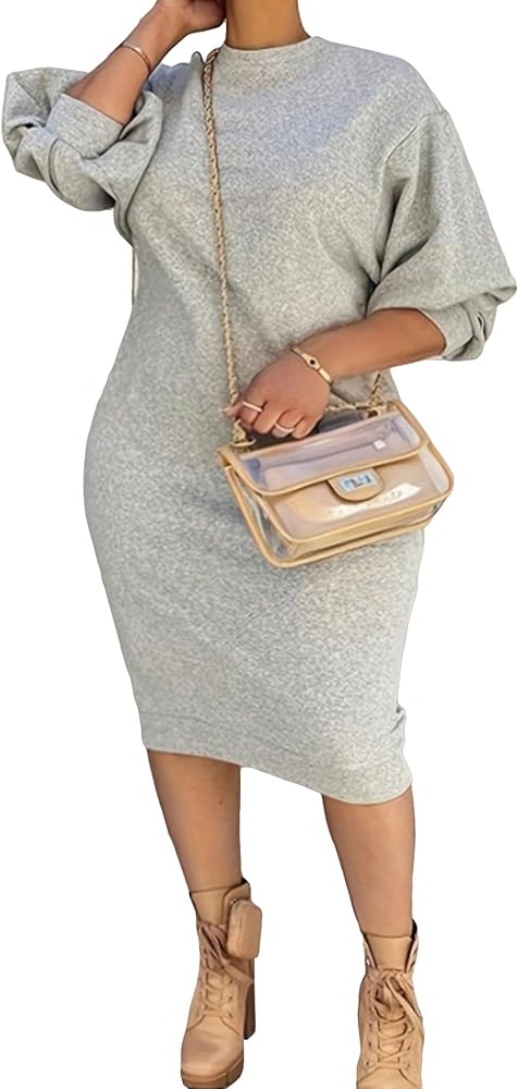 SOLY HUX Women's Plus Size Long Sleeve Drop Shoulder Pencil Bodycon Dress Casual Midi Dresses