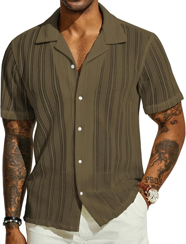 PJ PAUL JONES Men's Casual Button Down Shirts Cuban Collar Summer Beach Shirts