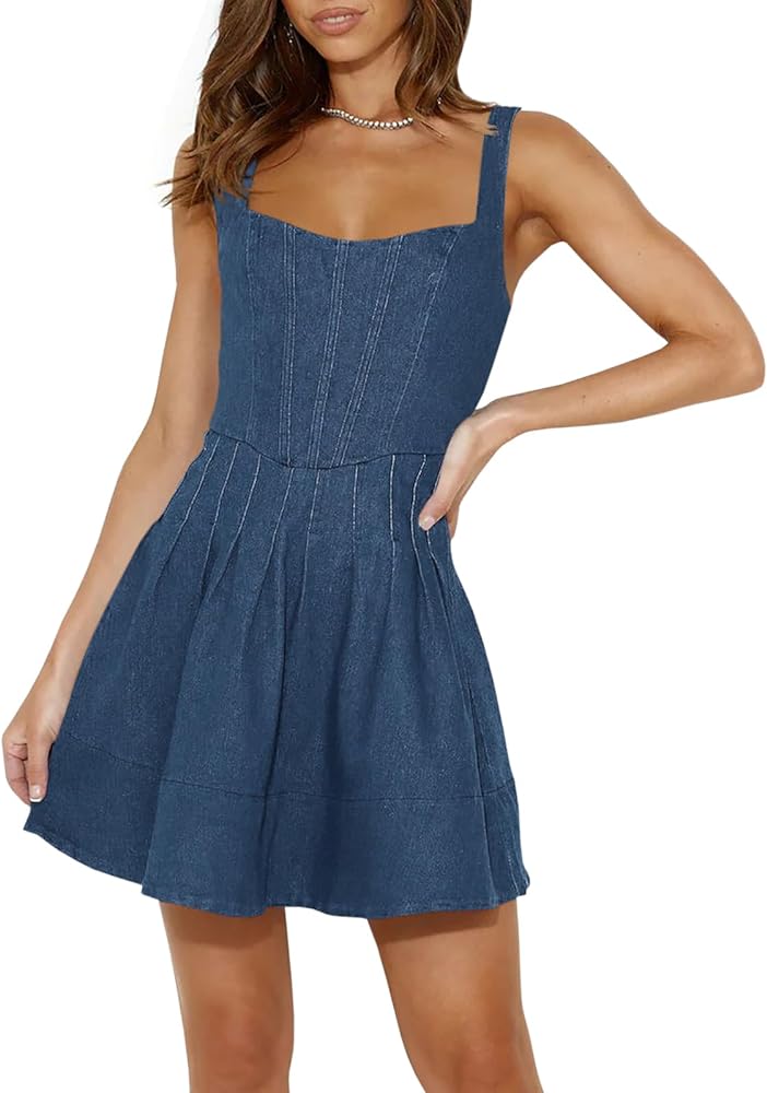 Wenrine Women's Summer Tank Denim Mini Dress Casual Sweetheart Neck Adjustable Strap A Line Jean Dress