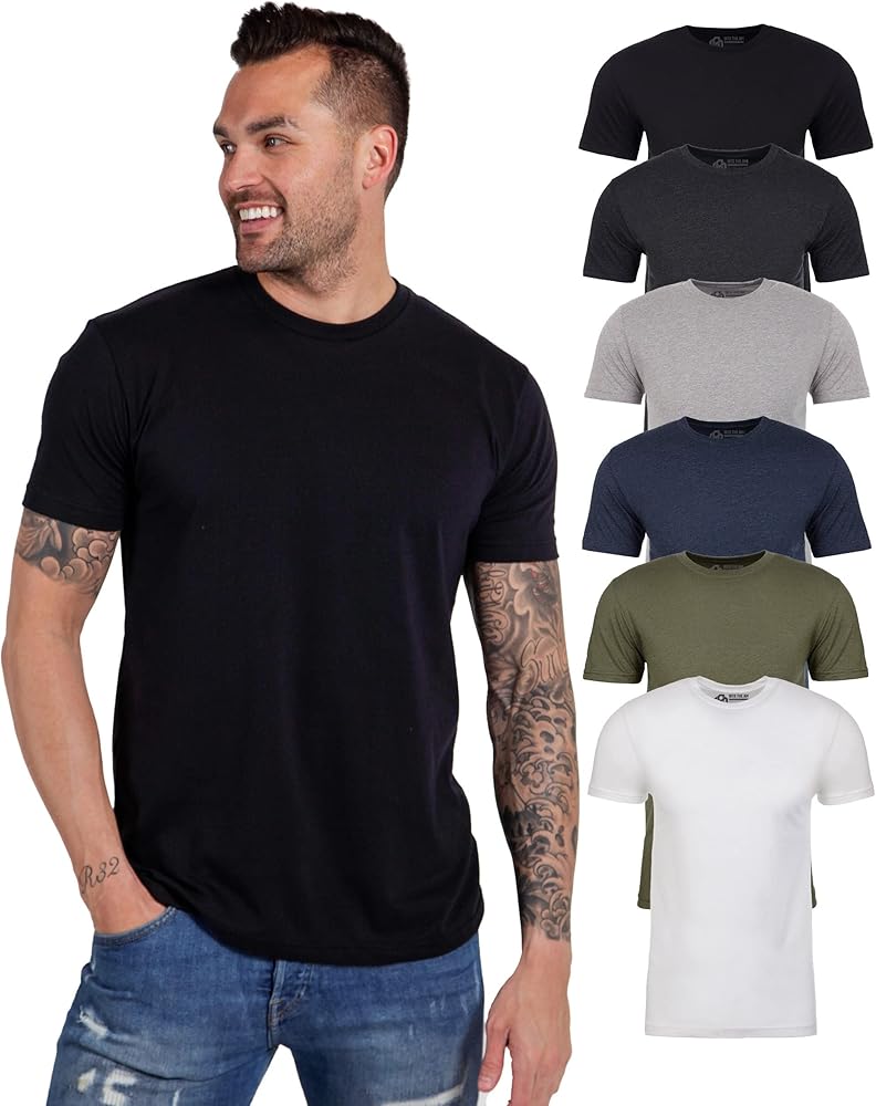 INTO THE AM Premium Men's Fitted T-Shirt 6-Pack - Modern Fitted Fresh Classic Crew Neck Essential Tee Shirts Men Multi Pack (Black/Charcoal/Grey/Navy/Olive Green/White, Large)