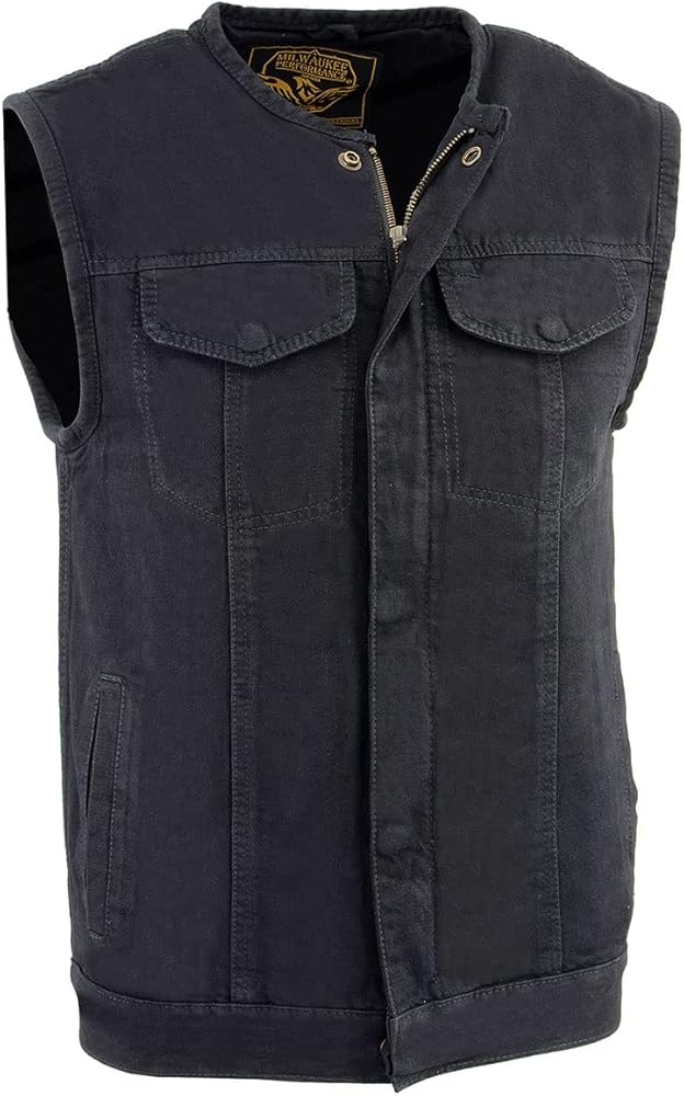 Milwaukee Leather MDM3001 Men's 'Covert' Black Denim Collarless Club Style Motorcycle Biker Vest w/Dual Closure