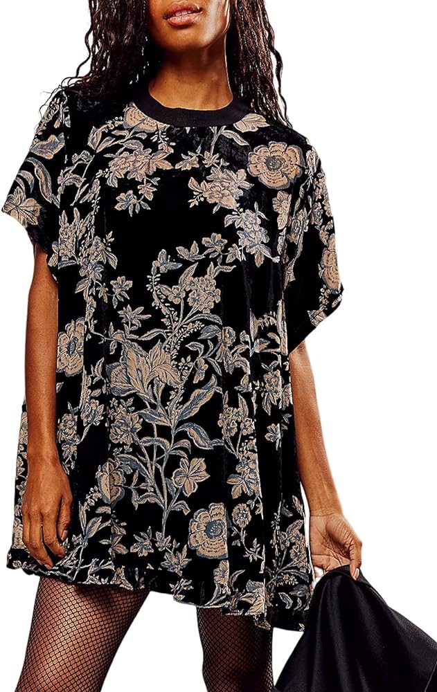 Women's Vintage Velvet Dress Floral Printed Mini Flowy Dress Short Sleeve Babydoll Dresses