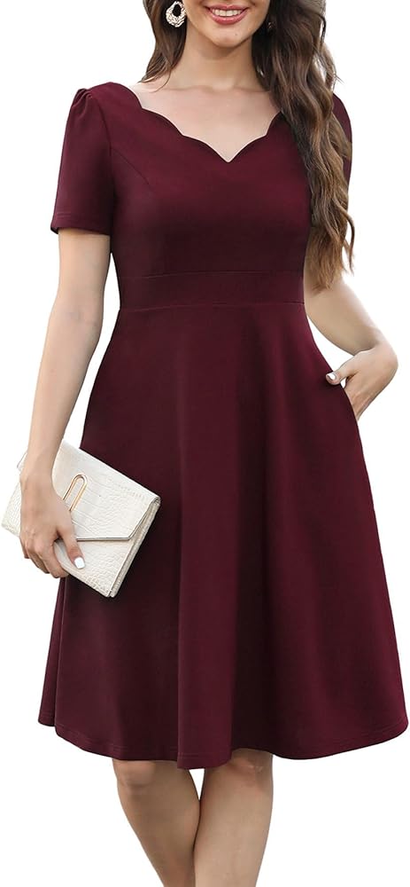 Women's Elegant Vintage 50s Scallop Trim V-Neck Casual Work Dress Swing A Line Cocktail Party Dresses with Pockets 755