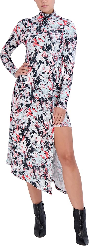 BCBGMAXAZRIA Women's Long Sleeve Fit and Flare Day Dress Turtleneck Peekaboo Skirt Side Slit Asymmetrical Hem